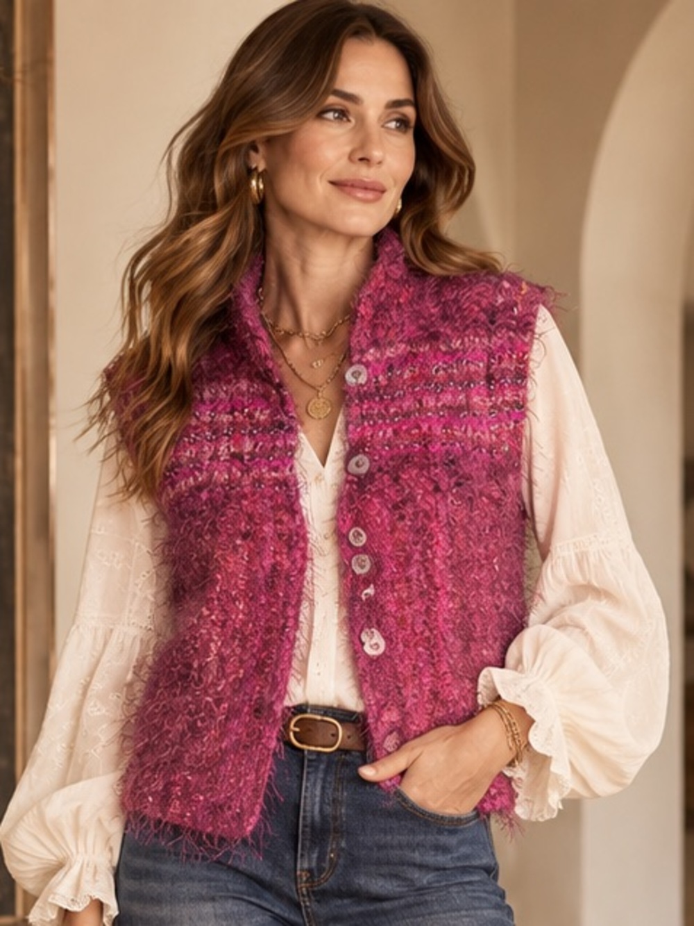 Vintage Art to Wear Magenta Bouclé Metallic Fiber Vest Boho